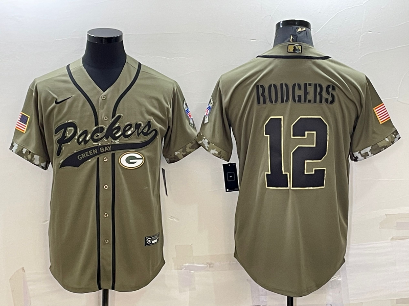 Green Bay Packers #12 Aaron Rodgers Olive 2022 Salute to Service Cool Base Stitched Baseball Jersey