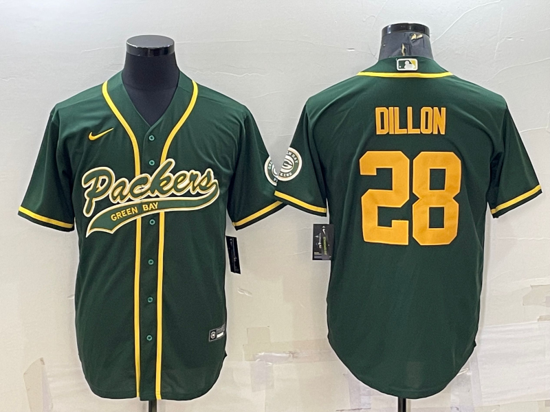 Green Bay Packers #28 AJ Dillon Green Yellow With Patch Cool Base Stitched Baseball Jersey