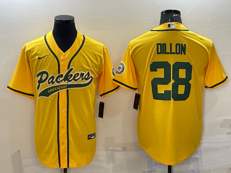 Green Bay Packers #28 AJ Dillon Yellow With Patch Cool Base Stitched Baseball Jersey