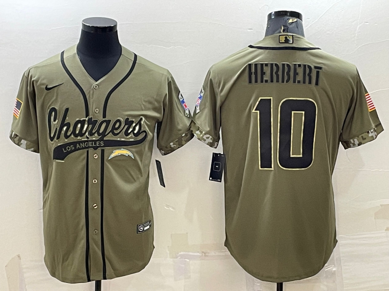 Los Angeles Chargers #10 Justin Herbert Olive Salute to Service Cool Base Stitched Baseball Jersey - Click Image to Close