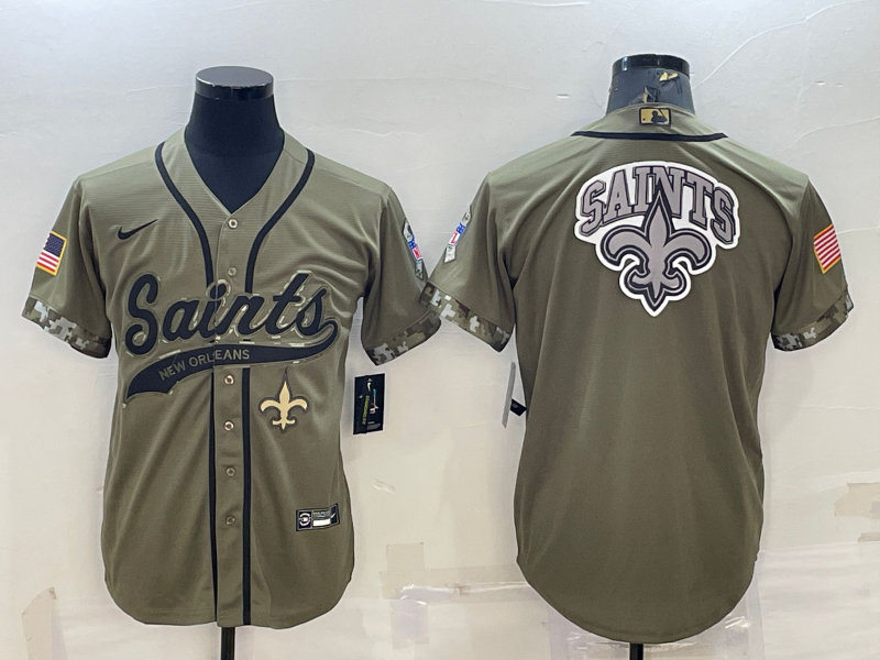 New Orleans Saints Olive Salute to Service Team Big Logo Cool Base Stitched Baseball Jersey - Click Image to Close