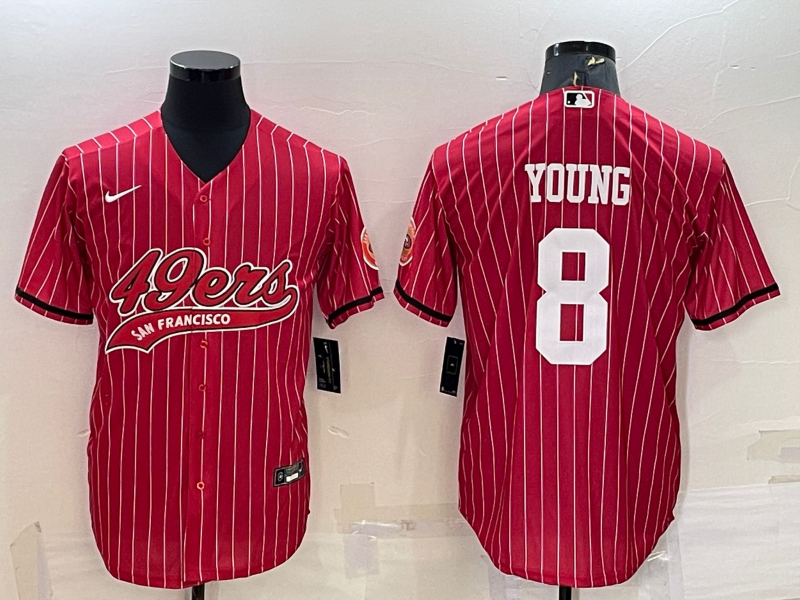 San Francisco 49ers #8 Steve Young Red Pinstripe With Patch Cool Base Stitched Baseball Jersey