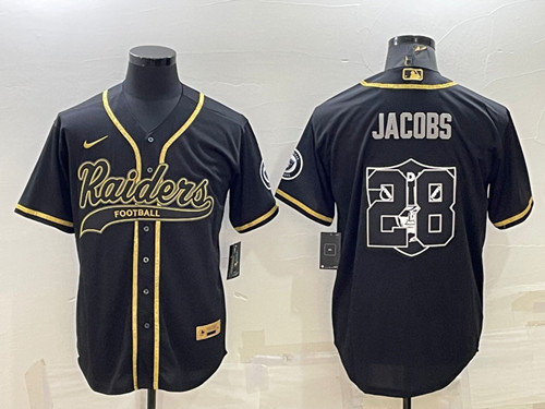 Las Vegas Raiders #28 Josh Jacobs Black Gold Team Big Logo With Patch Cool Base Stitched Baseball Je