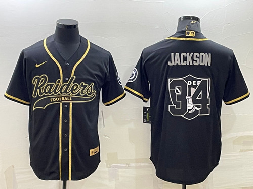 Las Vegas Raiders #34 Bo Jackson Black Gold Team Big Logo With Patch Cool Base Stitched Baseball Jer