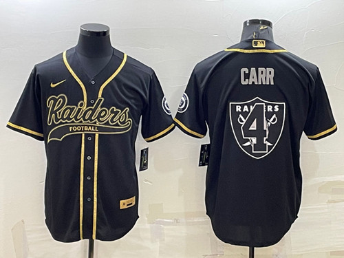 Las Vegas Raiders #4 Derek Carr Black Gold Team Big Logo With Patch Cool Base Stitched Baseball Jers - Click Image to Close