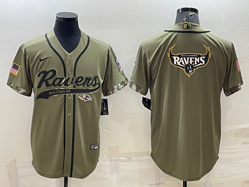 Baltimore Ravens Olive Salute to Service Team Big Logo Cool Base Stitched Baseball Jersey