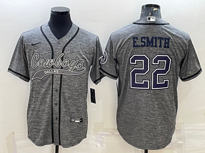 Dallas Cowboys #22 Emmitt Smith Grey Gridiron With Patch Cool Base Stitched Baseball Jersey - Click Image to Close