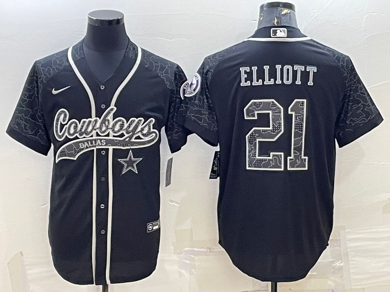 Dallas Cowboys #21 Ezekiel Elliott Black Reflective With Patch Cool Base Stitched Baseball Jersey
