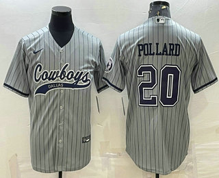 Dallas Cowboys #20 Tony Pollard Grey Pinstripe With Patch Cool Base Stitched Baseball Jersey