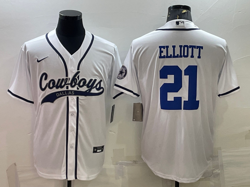 Dallas Cowboys #21 Ezekiel Elliott White With Patch Cool Base Stitched Baseball Jersey