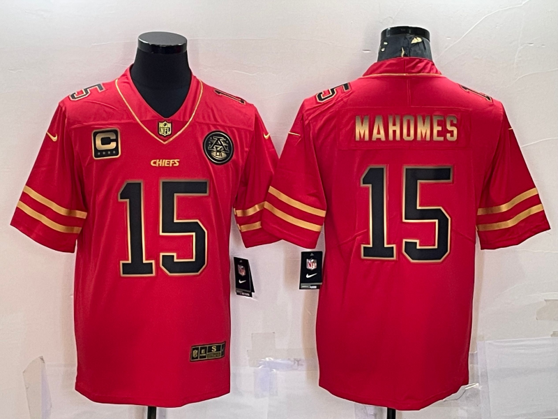 Kansas City Chiefs #15 Patrick Mahomes Red Gold With C Patch Stitched Football Jersey
