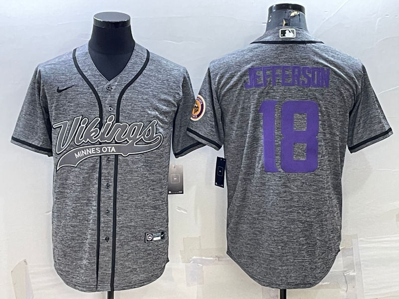 Minnesota Vikings #18 Justin Jefferson Grey Gridiron With Patch Cool Base Stitched Baseball Jersey