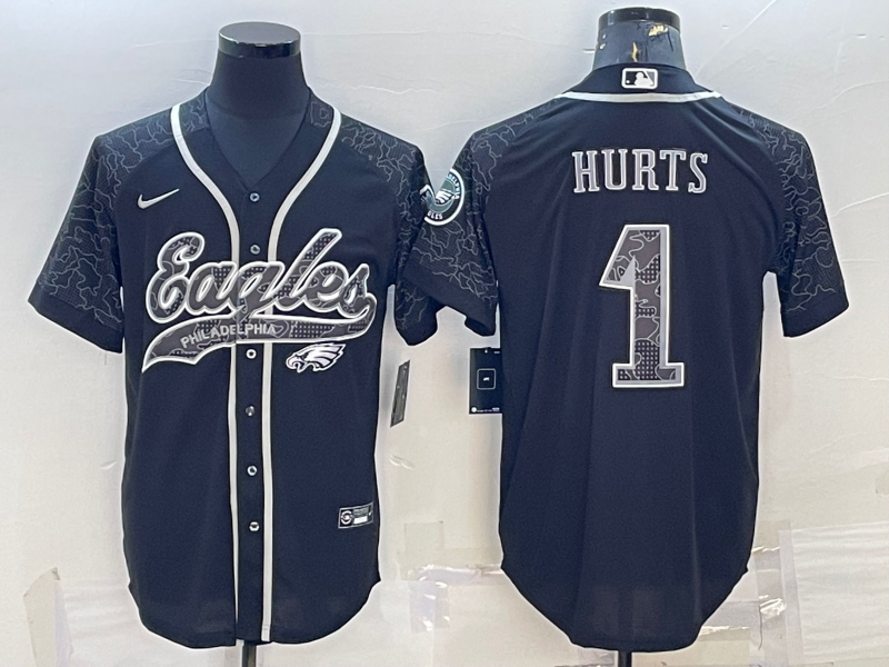 Philadelphia Eagles #1 Jalen Hurts Black Reflective With Patch Cool Base Stitched Baseball Jersey - Click Image to Close