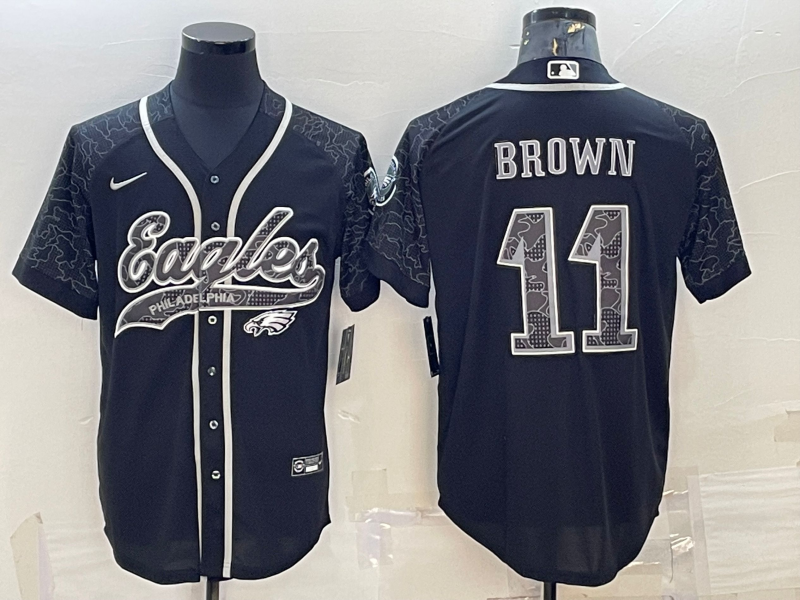 Philadelphia Eagles #11 AJ Brown Black Reflective With Patch Cool Base Stitched Baseball Jersey