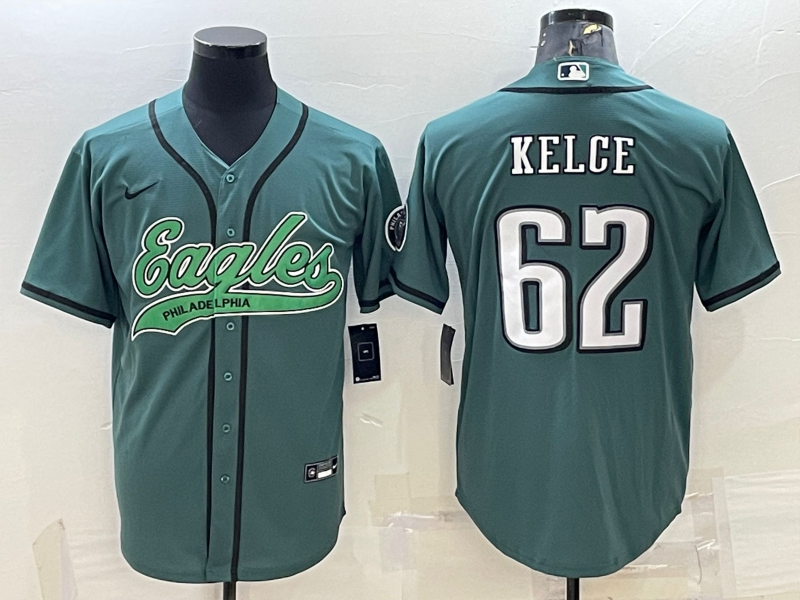 Philadelphia Eagles #62 Jason Kelce Green With Patch Cool Base Stitched Baseball Jersey