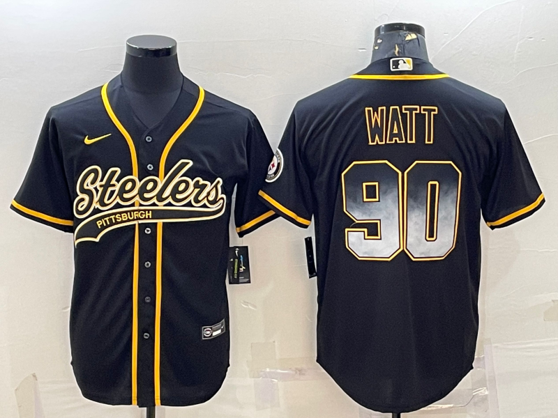 Pittsburgh Steelers #90 TJ Watt Black Gold With Patch Smoke Cool Base Stitched Baseball Jersey