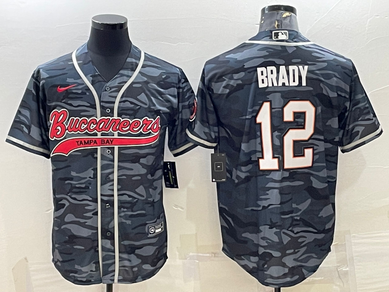 Tampa Bay Buccaneers #12 Tom Brady Grey Camo With Patch Cool Base Stitched Baseball Jersey - Click Image to Close