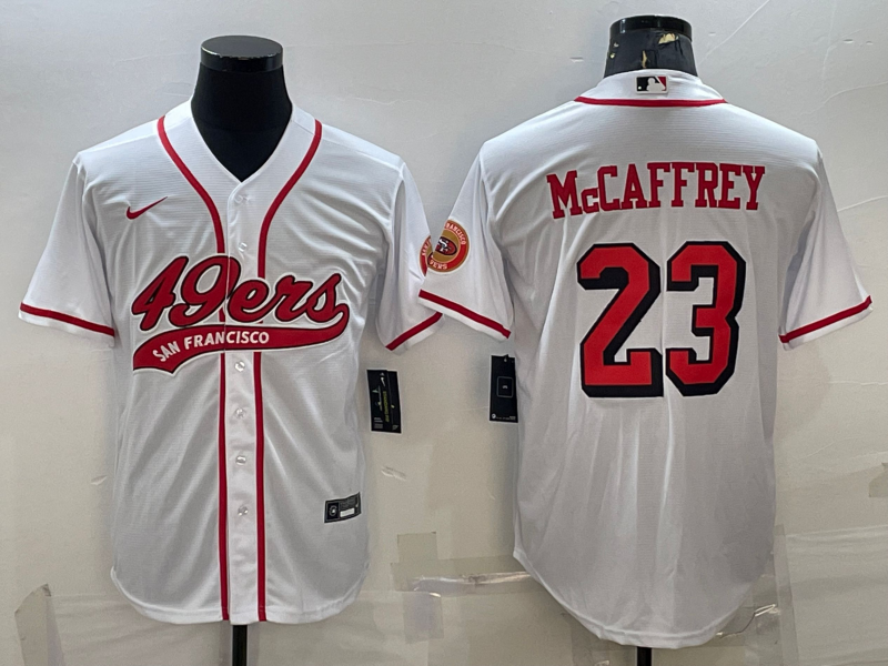 San Francisco 49ers #23 Christian McCaffrey New White With Patch Cool Base Stitched Baseball Jersey - Click Image to Close