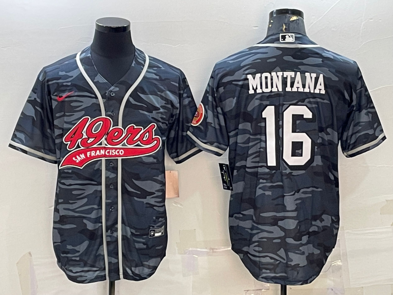 San Francisco 49ers #16 Joe Montana Grey Camo With Patch Cool Base Stitched Baseball Jersey