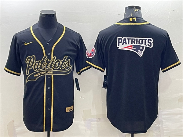 New England Patriots Black Gold Team Big Logo With Patch Cool Base Stitched Baseball Jersey