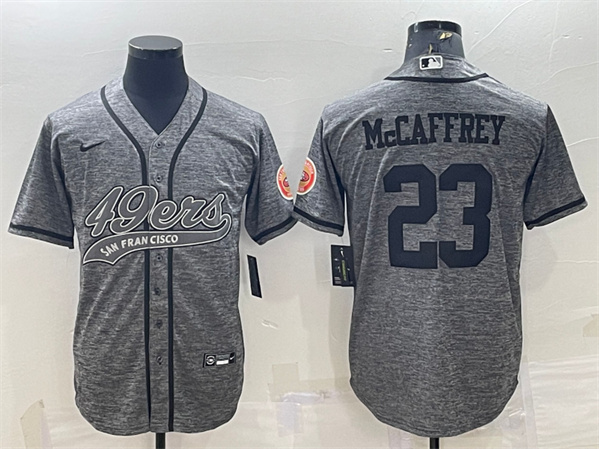 San Francisco 49ers #23 Christian McCaffrey Gray With Patch Cool Base Stitched Baseball Jersey - Click Image to Close
