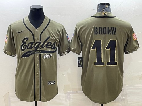 Philadelphia Eagles #11 A. J. Brown Olive 2022 Salute To Service Cool Base Stitched Baseball Jersey