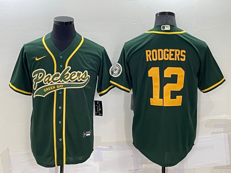 Green Bay Packers #12 Aaron Rodgers Green Yellow Stitched MLB Cool Base Baseball Jersey