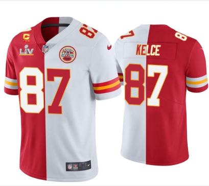 Kansas City Chiefs #87 Travis Kelce Red White Split Vapor Limited 2021 Super Bowl LIV Stitched Jerse