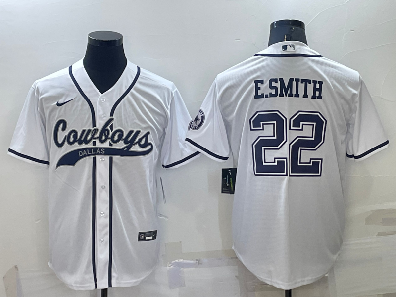 Dallas Cowboys #22 Emmitt Smith White Stitched Cool Base Baseball Jersey - Click Image to Close