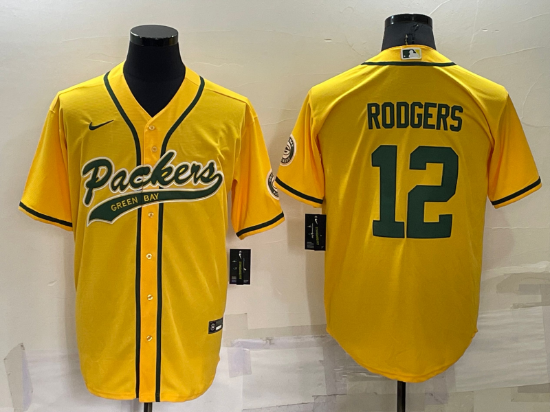 Green Bay Packers #12 Aaron Rodgers Yellow Stitched MLB Cool Base Baseball Jersey