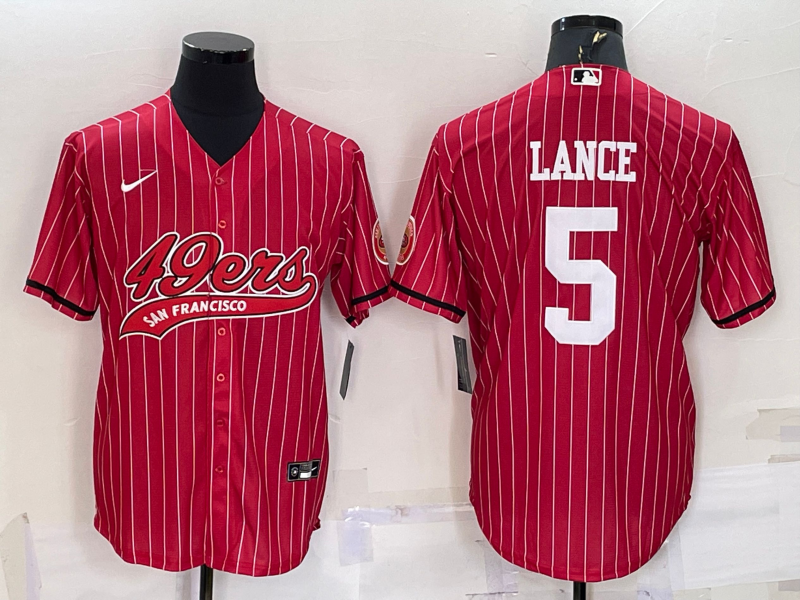 San Francisco 49ers #5 Trey Lance Red Pinstripe With Patch Cool Base Stitched Baseball Jersey
