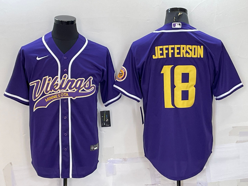 Minnesota Vikings #18 Justin Jefferson Purple Yellow With Patch Cool Base Stitched Baseball Jersey