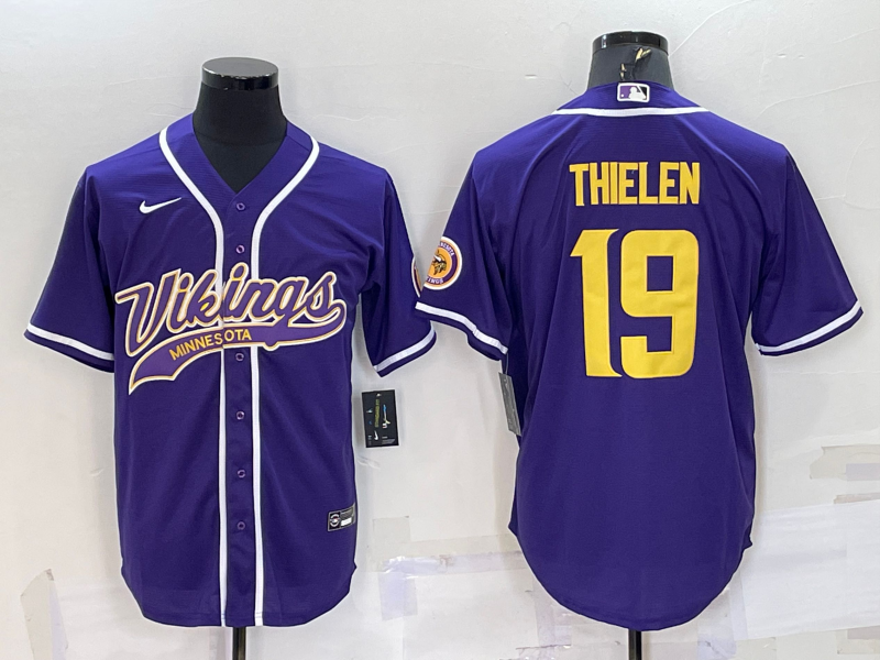 Minnesota Vikings #19 Adam Thielen Purple Yellow With Patch Cool Base Stitched Baseball Jersey