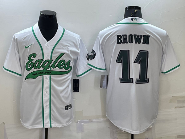Philadelphia Eagles #11 A. J. Brown White With Patch Cool Base Stitched Baseball Jersey