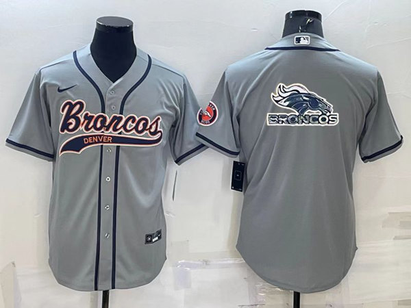 Denver Broncos Gray Team Big Logo With Patch Cool Base Stitched Baseball Jersey