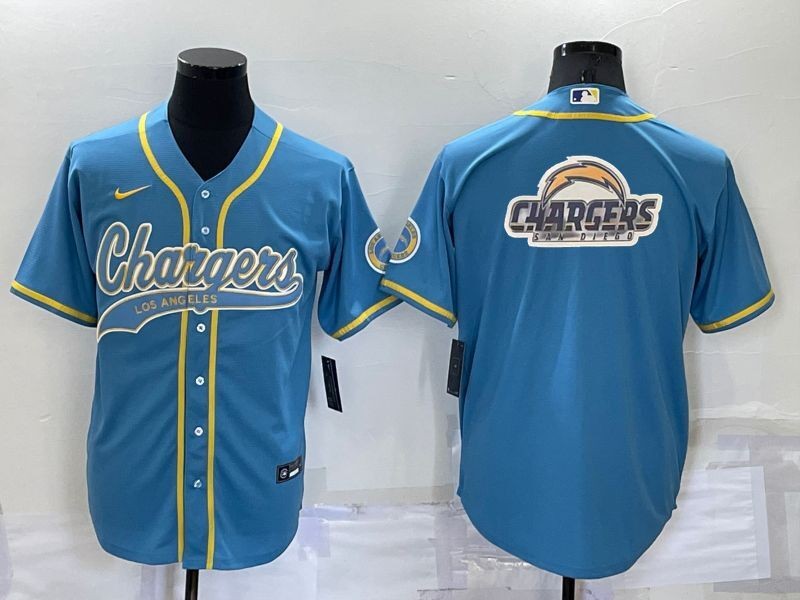 Los Angeles Chargers Light Blue Team Big Logo With Patch Cool Base Stitched Baseball Jersey