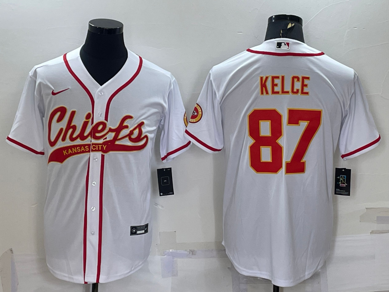 Kansas City Chiefs #87 Travis Kelce White With Patch Cool Base Stitched Baseball Jersey - Click Image to Close