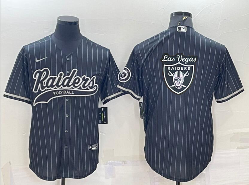 Las Vegas Raiders Black Pinstripe Team Big Logo With Patch Cool Base Stitched Baseball Jersey