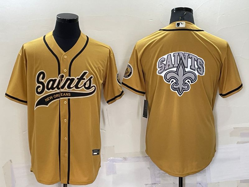 New Orleans Saints Gold Team Big Logo With Patch Cool Base Stitched Baseball Jersey - Click Image to Close