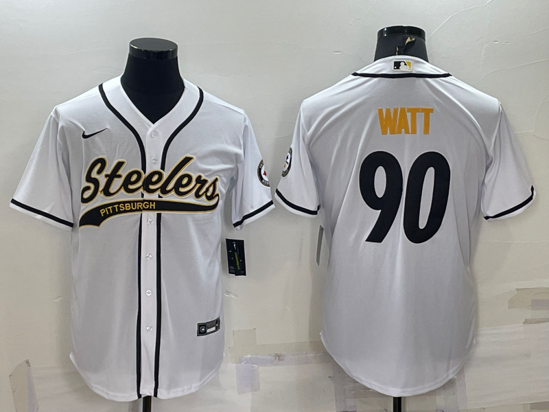 Pittsburgh Steelers #90 TJ Watt White With Patch Cool Base Stitched Baseball Jersey
