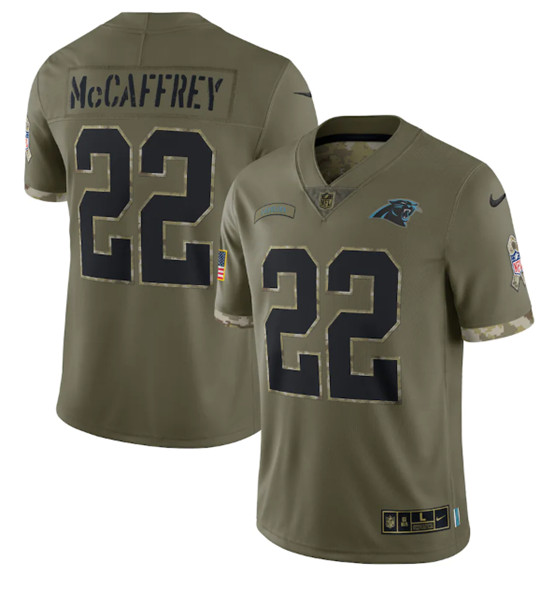 Carolina Panthers #22 Christian McCaffrey 2022 Olive Salute To Service Limited Stitched Jersey - Click Image to Close
