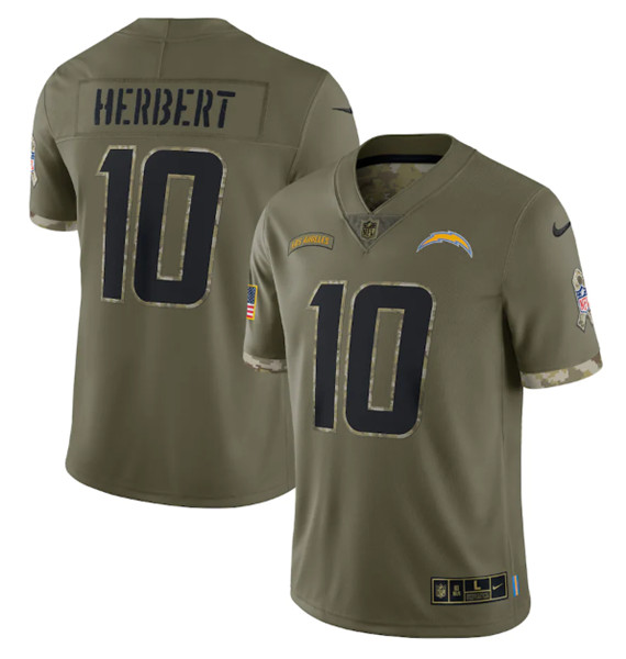 Los Angeles Chargers #10 Justin Herbert 2022 Olive Salute To Service Limited Stitched Jersey - Click Image to Close