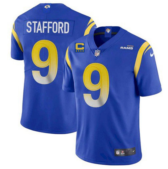 Los Angeles Rams 2022 #9 Matthew Stafford Blue With 4-star C Patch Stitched NFL Jersey - Click Image to Close