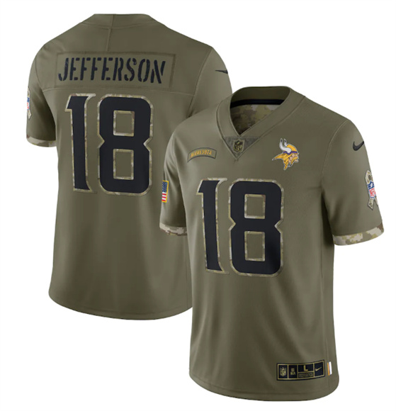 Minnesota Vikings #18 Justin Jefferson 2022 Olive Salute To Service Limited Stitched Jersey