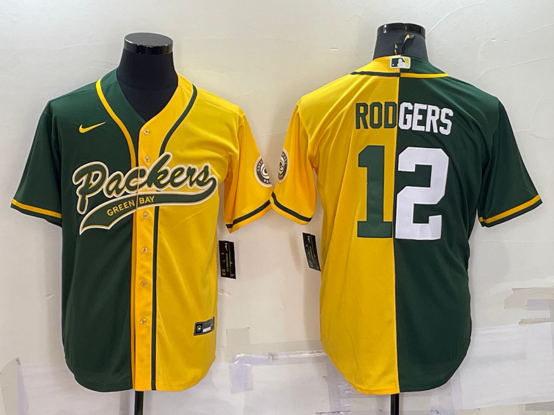 Green Bay Packers #12 Aaron Rodgers Green Yellow Split With Patch Cool Base Stitched Baseball Jersey - Click Image to Close
