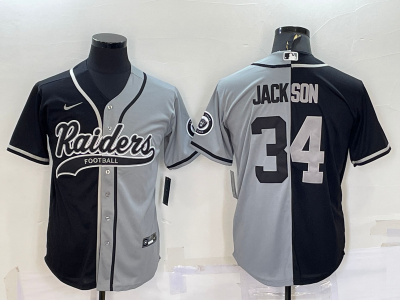 Las Vegas Raiders #34 Bo Jackson Black Grey Split With Patch Cool Base Stitched Baseball Jersey