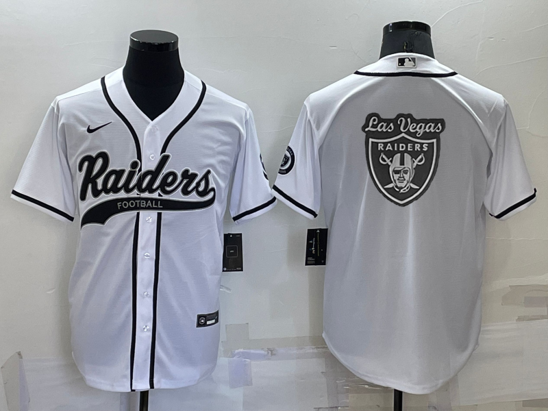 Las Vegas Raiders White Team Big Logo With Patch Cool Base Stitched Baseball Jersey - Click Image to Close