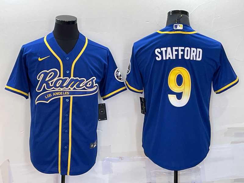 Los Angeles Rams #9 Matthew Stafford Royal With Patch Cool Base Stitched Baseball Jersey