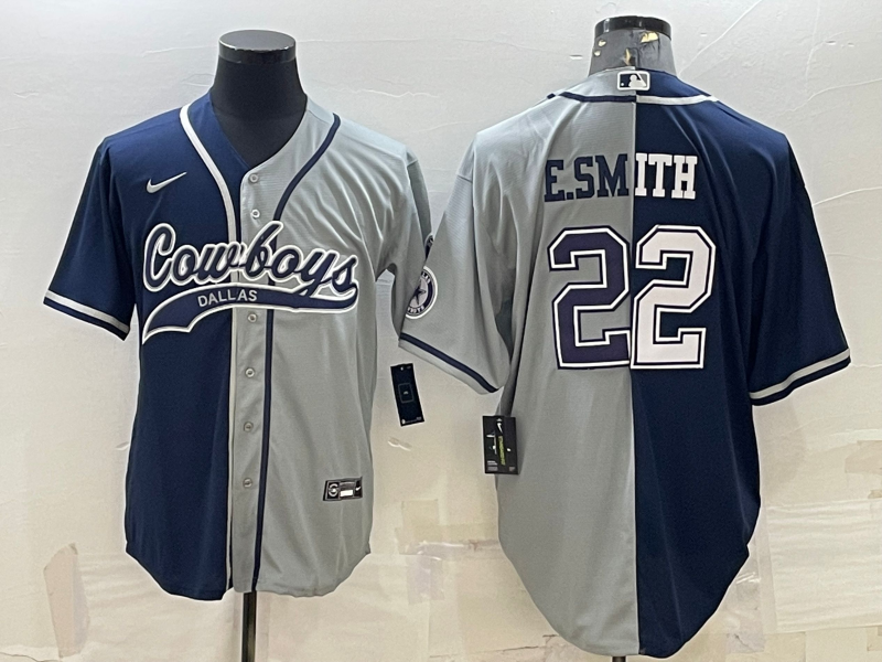 Dallas Cowboys #22 Emmitt Smith Navy Grey Split With Patch Cool Base Stitched Baseball Jersey - Click Image to Close