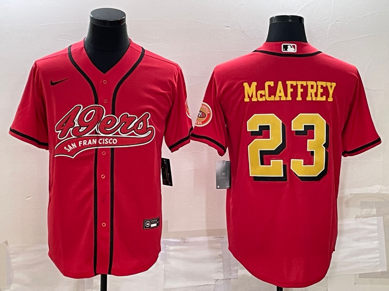 San Francisco 49ers #23 Christian McCaffrey Red Gold With Patch Cool Base Stitched Baseball Jersey